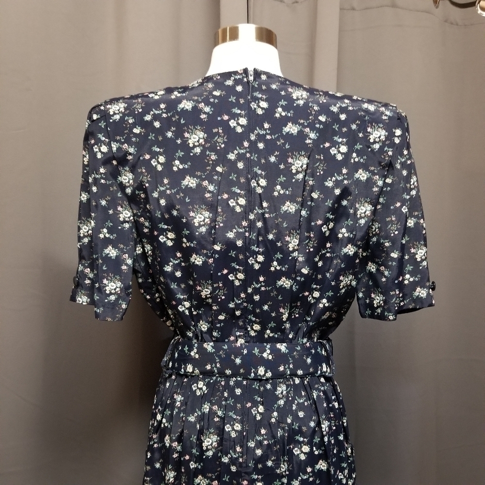 Vintage 80s Retro Cottagecore Ditsy Floral Belted Midi Dress L - Picture 7 of 10